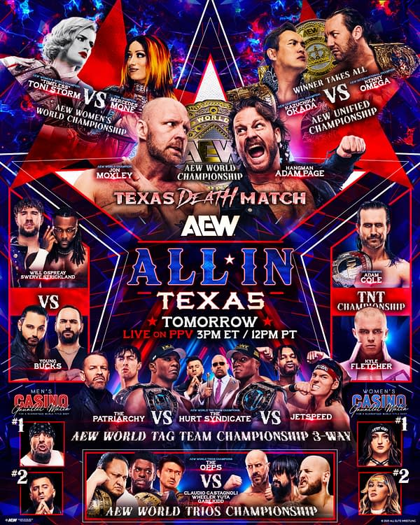 A colorful promotional graphic for AEW All In: Texas featuring various wrestling matches. Key highlights include a Texas Death Match and championship bouts, with images of several wrestlers and the event's logo prominently displayed.
