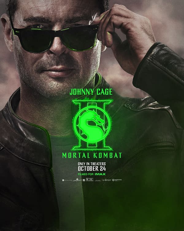 This promotional poster features Johnny Cage wearing sunglasses and a leather jacket, with the Mortal Kombat logo and text highlighting the movie's release date of October 24, emphasizing that it is filmed for IMAX.