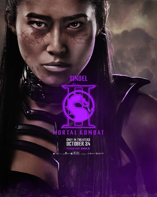 A promotional poster for 'Mortal Kombat II' featuring the character Sindel, with a fierce expression and battle scars, set against a dark, smoky background. The poster includes the title in bold purple lettering and a dragon emblem.
