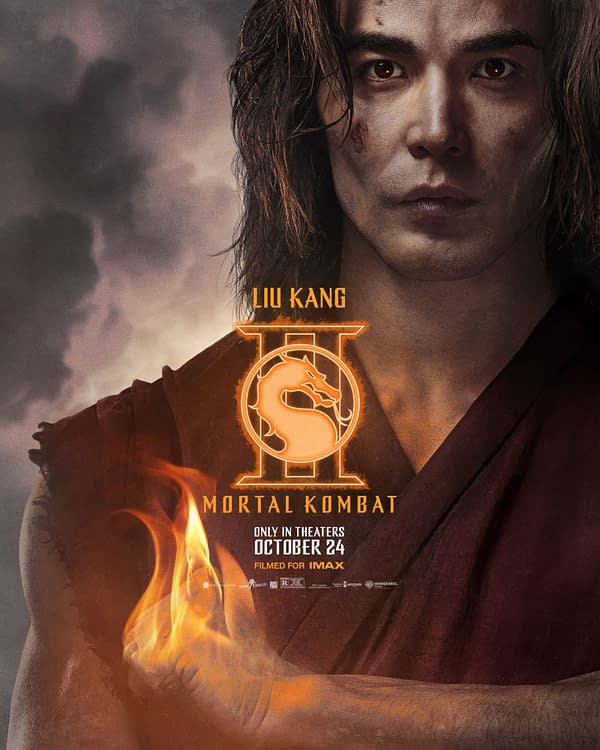 A promotional poster for 'Mortal Kombat II' featuring Liu Kang, with a fierce expression and flames in his hand. The poster announces a theatrical release date of October 24 and includes the iconic Mortal Kombat dragon logo.