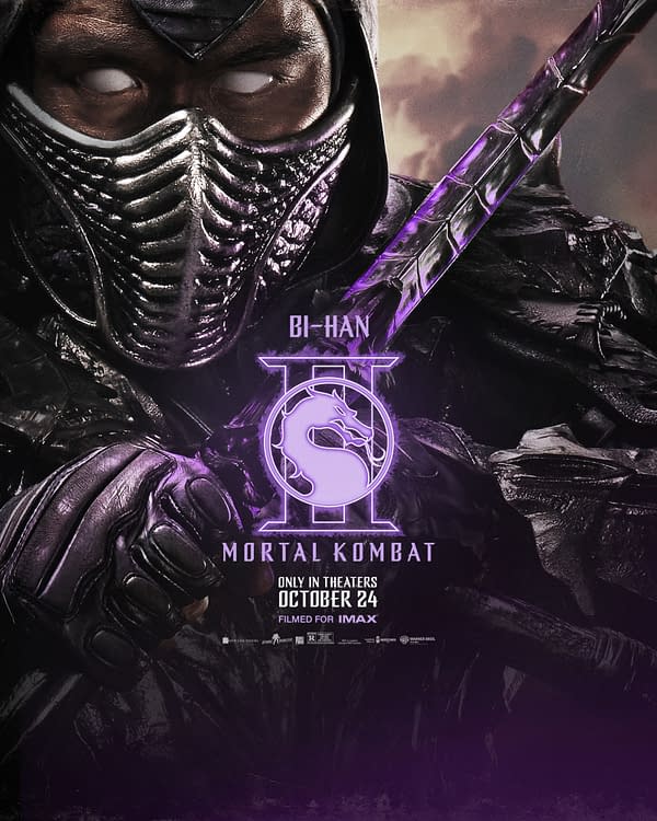 A promotional poster for 'Mortal Kombat II' featuring the character Bi-Han, who appears in a masked outfit with glowing white eyes and holds a weapon. The poster includes the game's logo and details about its theatrical release.