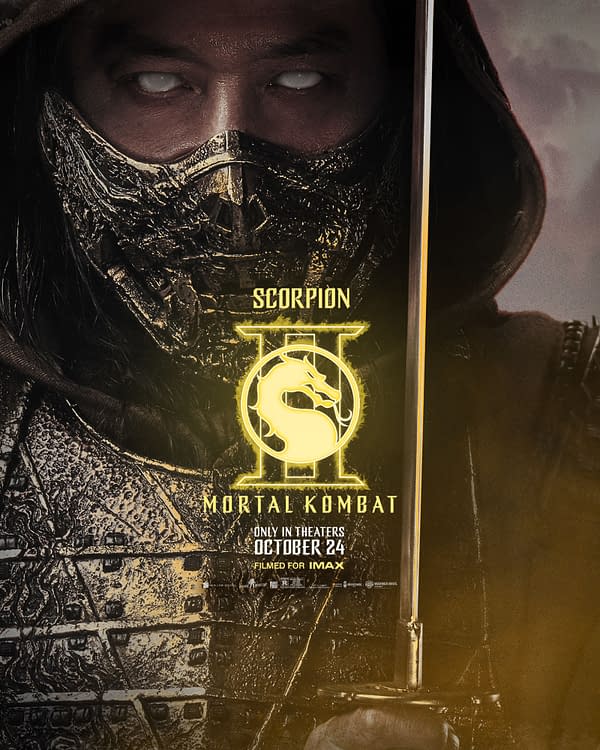 A promotional poster for 'Mortal Kombat II' featuring the character Scorpion, characterized by his mask and intense expression, holding a sword. The text highlights the movie title and release details.