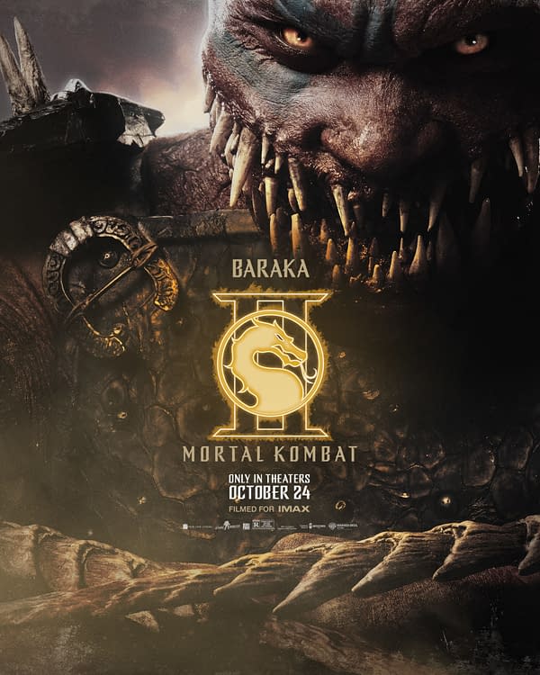 A promotional poster for 'Mortal Kombat II' featuring the character Baraka, showcasing his menacing features, sharp teeth, and tribal armor. The design includes the Mortal Kombat logo and details about its theatrical release and IMAX filming.