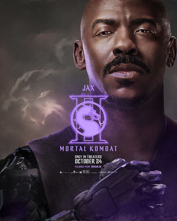 A promotional poster for 'Mortal Kombat II' featuring a close-up of a man named Jax, displaying a serious expression. The background is dark, with purple accents and the iconic Mortal Kombat dragon logo prominently displayed.