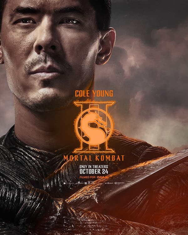 A promotional poster for 'Mortal Kombat II' featuring Cole Young, showcasing his intense expression with a dark, textured background. The iconic Mortal Kombat logo is displayed prominently, alongside the release date and details.