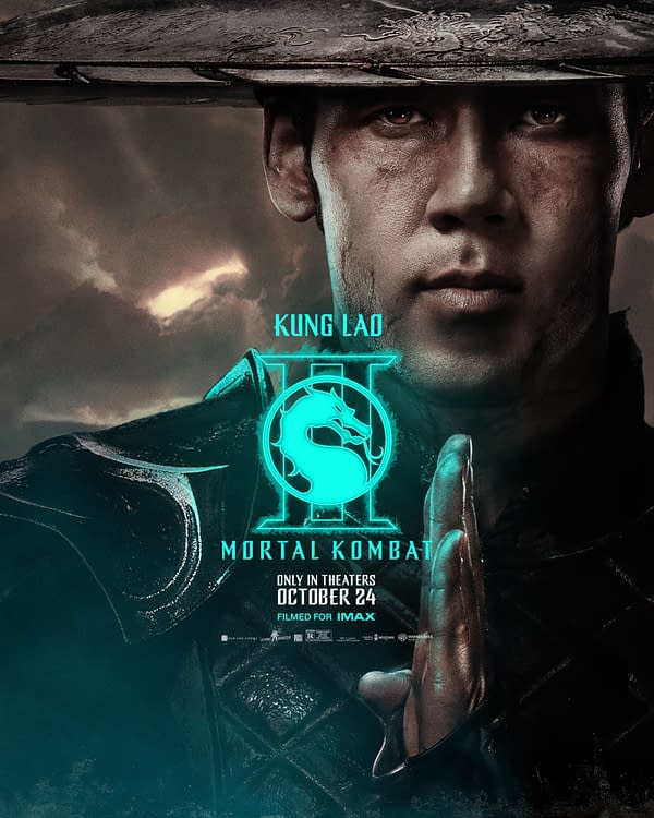 A promotional image for 'Mortal Kombat II' featuring the character Kung Lao, depicted with a serious expression and a traditional hat. The design includes a logo and release information, indicating the film is scheduled for October 24 and filmed for IMAX.