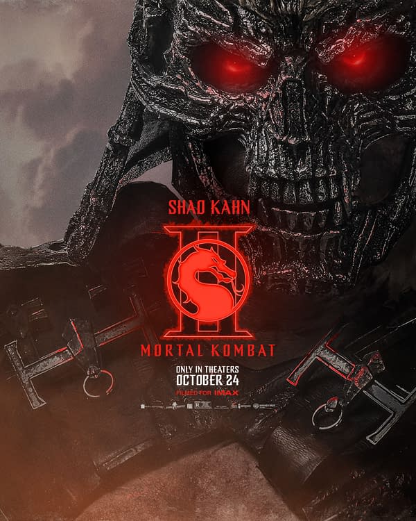 A promotional poster for 'Mortal Kombat II' featuring the character Shao Kahn, depicted with a skull-like face and red glowing eyes. The design includes the iconic Mortal Kombat logo and release information for an IMAX film premiere on October 24.