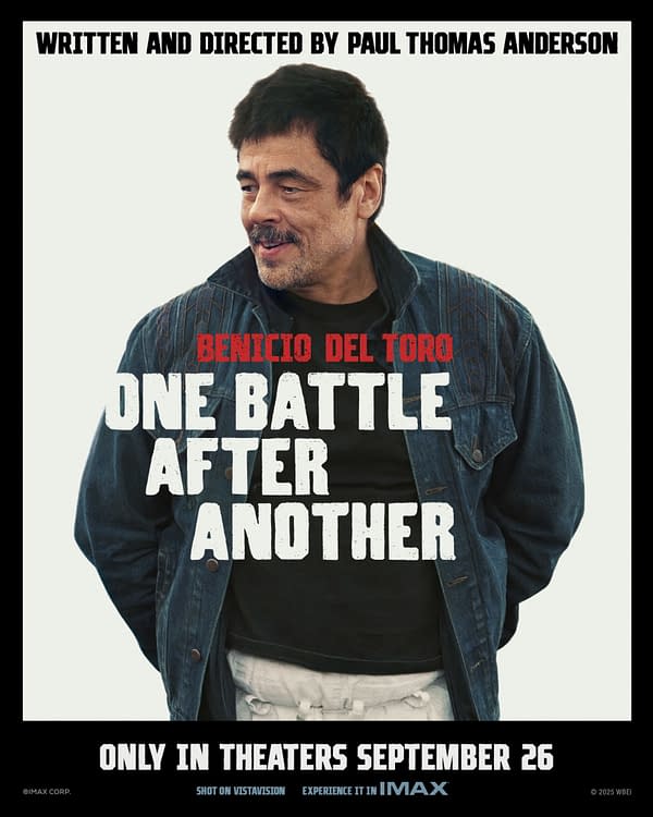 A promotional poster featuring actor Benicio Del Toro, who appears to be smiling in a casual outfit. The title 'ONE BATTLE AFTER ANOTHER' is prominently displayed, along with the text 'WRITTEN AND DIRECTED BY PAUL THOMAS ANDERSON' and release information.
