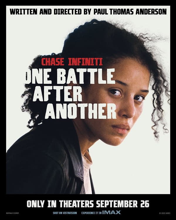 A promotional poster for the film 'One Battle After Another' featuring a close-up of a woman with curly hair, looking determined. The title and credits are prominently displayed, and the release date is noted as September 26.