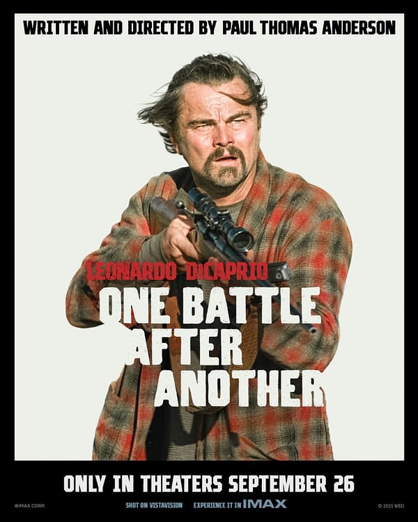 A promotional poster for the film 'One Battle After Another,' featuring a rugged man holding a firearm. The poster includes the names of actor Leonardo DiCaprio and director Paul Thomas Anderson, with a release date of September 26.