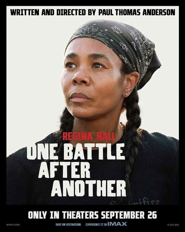 A promotional poster featuring actress Regina Hall, looking determined with braids and a bandana. The title 'One Battle After Another' is prominently displayed, signaling the film's release in theaters on September 26.