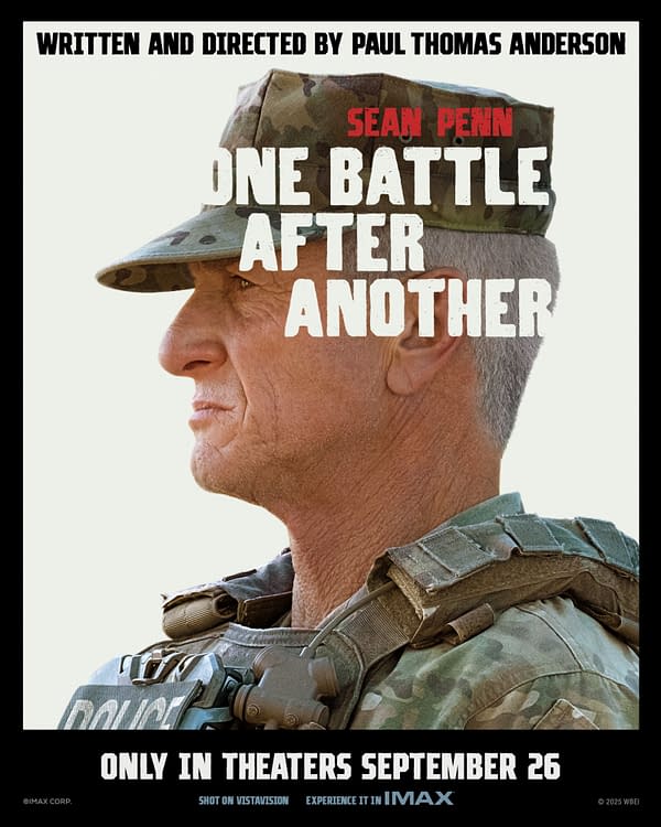 A promotional image for the film 'One Battle After Another,' featuring Sean Penn in military attire and a camouflage cap, looking determined. The text highlights the film's title, release date, and credits the director.