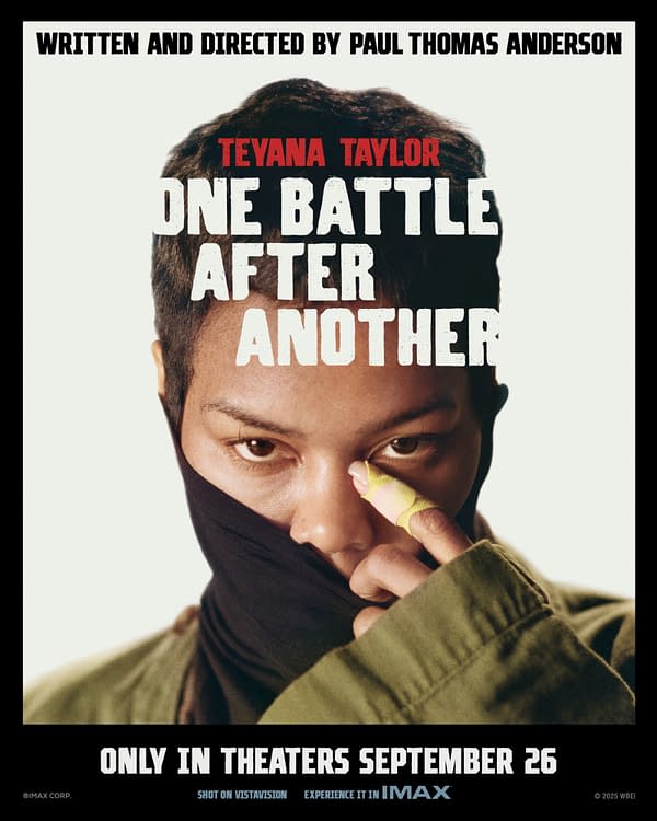 A promotional poster featuring Teyana Taylor, who is partially obscured by a black scarf, with a bold caption reading 'ONE BATTLE AFTER ANOTHER.' The image highlights a date for theatrical release on September 26, emphasizing a dramatic and engaging theme.