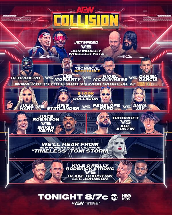 A promotional graphic for AEW Collision featuring various wrestling matches and competitors, including JetSpeed, Jon Moxley, and Wheeler Yuta. The graphic highlights several matches and mentions a special appearance by AEW Women's World Champion Toni Storm.
