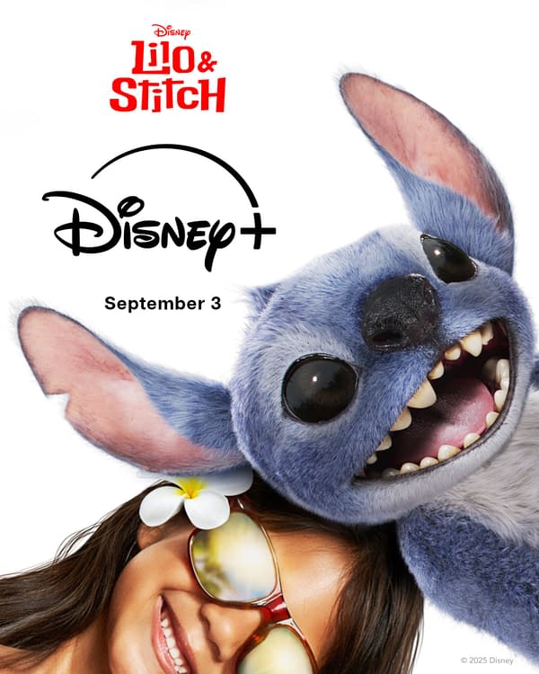 A colorful promotional illustration for Disney's Lilo & Stitch featuring a smiling blue alien Stitch and a girl wearing sunglasses with a flower in her hair. The Disney+ logo and the release date of September 3 are prominently displayed.