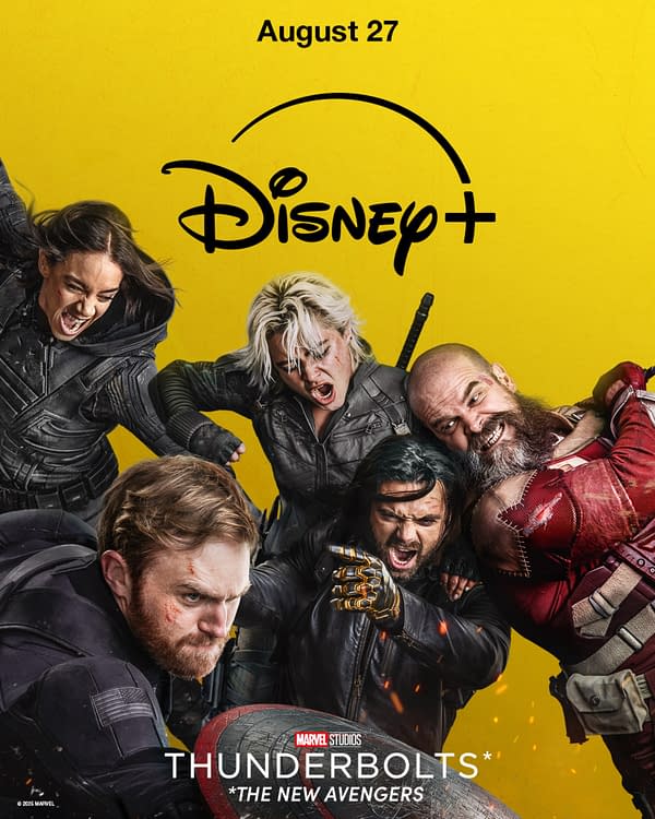 Promotional image for Marvel's 'Thunderbolts,' featuring a group of intense characters in action poses against a bright yellow background. The Disney+ logo and release date 'August 27' are prominently displayed.