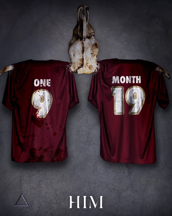 Two maroon sports jerseys hanging on a wall, one labeled 'ONE 9' and the other 'MONTH 19,' both stained with red marks. Above them is a skull mounted on the wall.