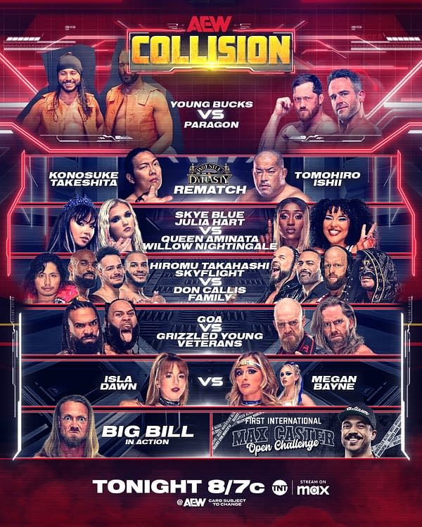 A vibrant promotional graphic for AEW Collision featuring various wrestling matchups. Key elements include the Young Bucks vs. Paragon, a rematch with Konosuke Takeshita and Tomohiro Ishii, and women's matches with Skye Blue, Julia Hart, and others.
