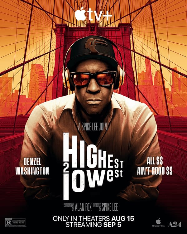 A promotional poster for the film "Highest 2 Lowest" featuring a serious man wearing headphones and sunglasses, set against a vibrant orange background of a city skyline and the Brooklyn Bridge. The text highlights the film's title, director Spike Lee, and the lead actor Denzel Washington.