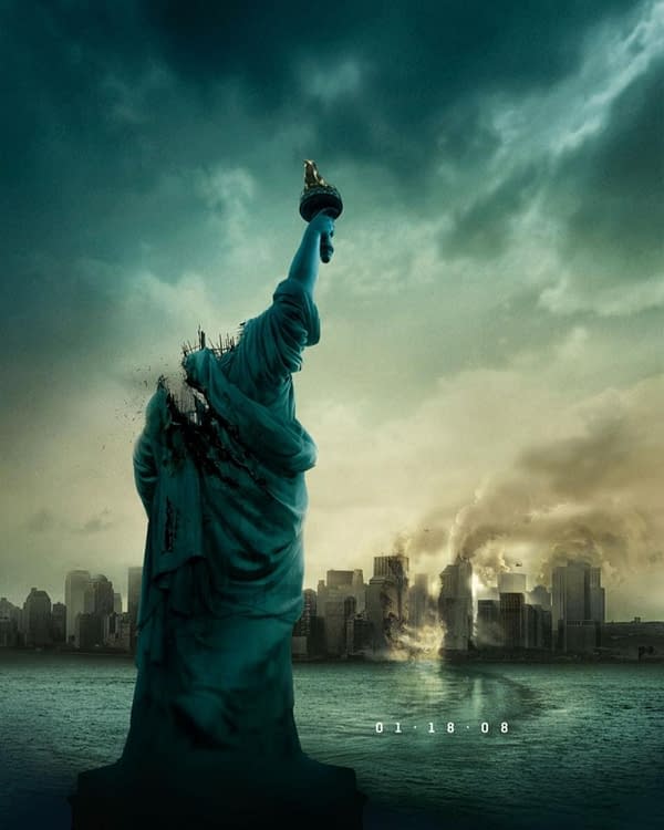 A stylized poster featuring a decaying Statue of Liberty against a backdrop of a smoky and chaotic city skyline, symbolizing destruction and displacement. The date '01 18 08' is displayed at the bottom.