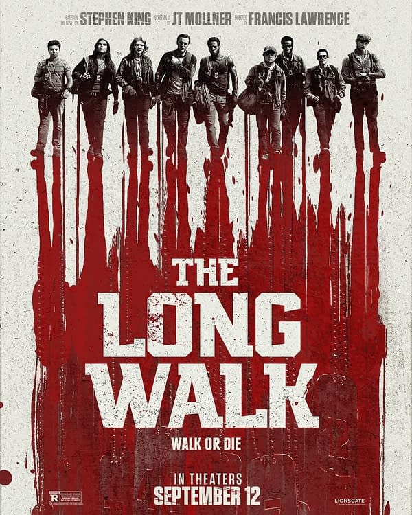 Promotional poster for 'The Long Walk' featuring a lineup of diverse characters against a stark background with red splatters, emphasizing themes of survival and friendship. The title and release date are prominently displayed.