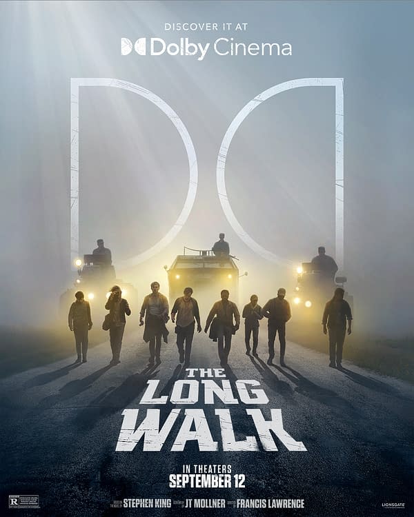 A poster for 'The Long Walk' featuring a group of people walking along a road, flanked by vehicles, with a misty background. The film is set to be released in theaters on September 12.