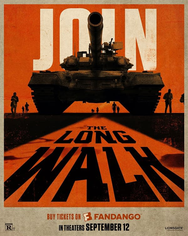 A film poster for 'The Long Walk' featuring a large tank in the foreground against a vibrant orange background. Silhouettes of people are seen walking in the distance, with the words 'JOIN' and 'THE LONG WALK' prominently displayed.