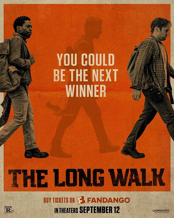 A promotional poster for 'The Long Walk' features two men walking, set against an orange background. The text reads, 'YOU COULD BE THE NEXT WINNER' and includes details about buying tickets and the movie's release date.