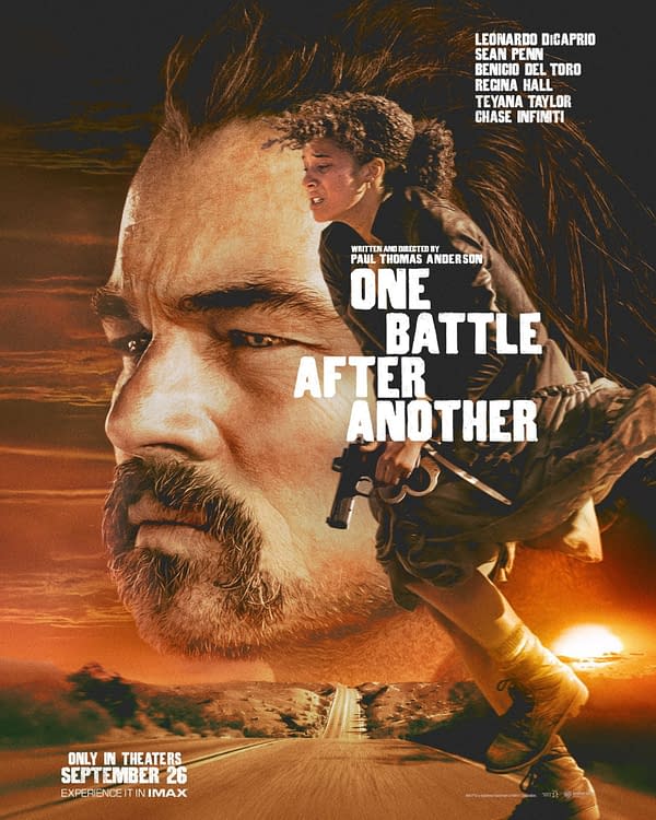 Movie poster for 'One Battle After Another,' featuring a close-up of a man's face, with a woman holding a gun in the foreground, set against a dramatic sunset backdrop. The film is directed by Paul Thomas Anderson and features actors Leonardo DiCaprio and Sean Penn, among others.