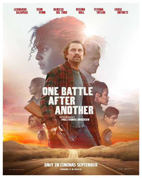 A movie poster for 'One Battle After Another,' featuring several characters in a dramatic landscape. The film is directed by Paul Thomas Anderson, with prominent actors displayed, including Leonardo DiCaprio and Sean Penn, against a backdrop of a sunset over a desert road.