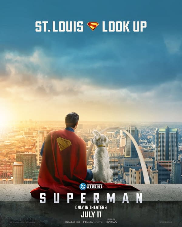A superhero in a red cape, resembling Superman, sits on a rooftop with a white dog, overlooking a cityscape featuring a prominent arch. The scene conveys a sense of calm and anticipation, with the text 'ST. LOUIS SUPERMAN LOOK UP' displayed above.