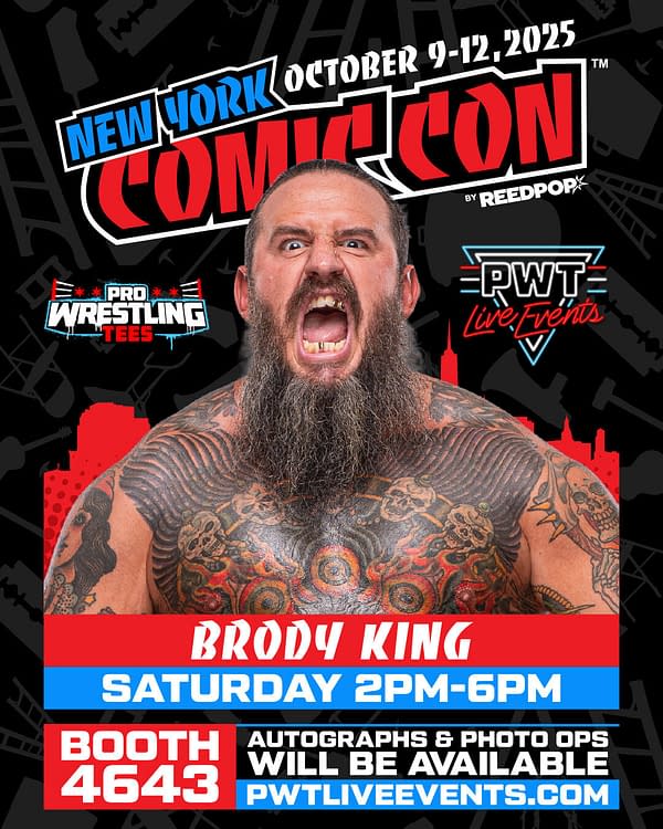 A promotional graphic for Brody King at New York Comic Con 2025. The graphic features King with a visible beard and extensive tattoos, highlighting event details including dates and booth number.