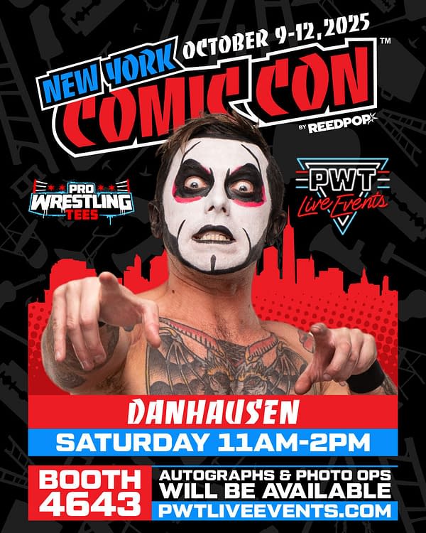 A male wrestler with face paint, long black hair, and tattoos poses dramatically. The background features the text 'New York Comic Con October 9-12, 2025' and logos for 'Pro Wrestling Tees' and 'PWT Live Events.'