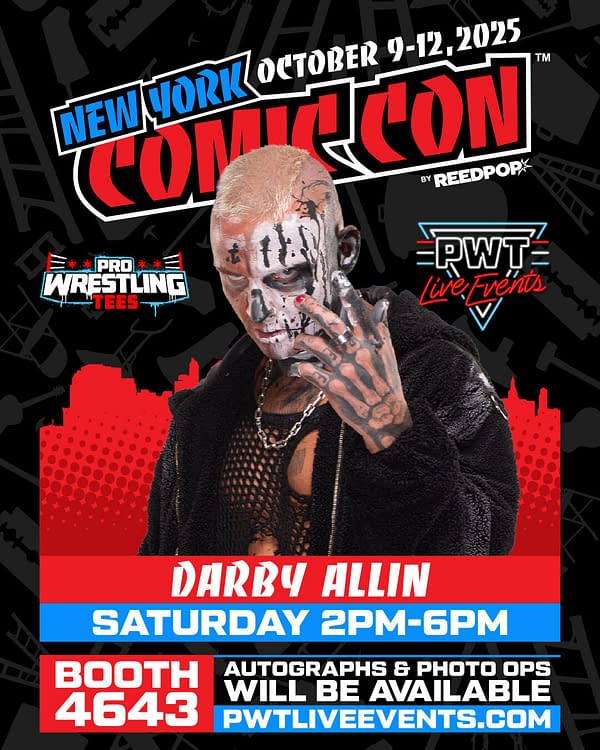A promotional poster for Darby Allin at New York Comic Con 2025, featuring a striking image of him with distinctive face paint and an edgy look. The background includes event details printed in bold colors.