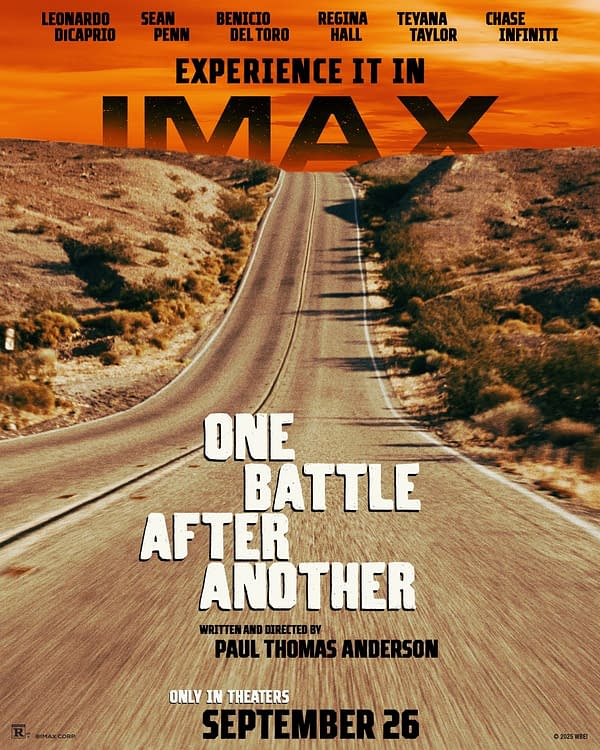 A movie poster for "One Battle After Another," featuring a winding desert road under a vibrant sunset sky. The film is directed by Paul Thomas Anderson and is set to release in IMAX on September 26.