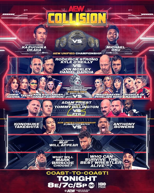 Graphic for AEW Collision showcasing various matches including Kazuchika Okada vs. Michael Oku for the AEW Unified Championship. Featured wrestlers include Jon Moxley, Roderick Strong, and others, highlighting an exciting championship tournament in Philadelphia.
