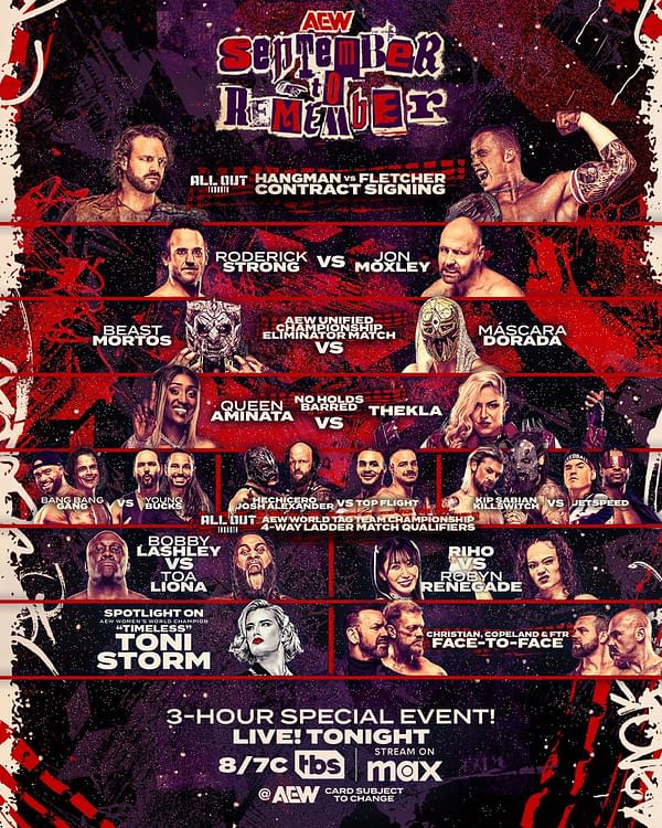A colorful promotional graphic for AEW's special event 'September to Remember', featuring match listings including Hangman vs. Fletcher, Roderick Strong vs. Jon Moxley, and a spotlight on Toni Storm. Bold text with a wrestling theme captivates the viewer's attention.
