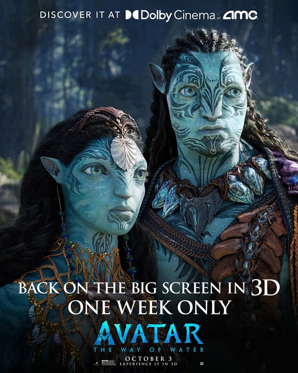 A promotional illustration for "Avatar: The Way of Water," featuring two Na'vi characters with distinctive blue skin and intricate body markings, set against a blurred forest background. The text announces a limited-time 3D screening, highlighting the film's return to theaters.