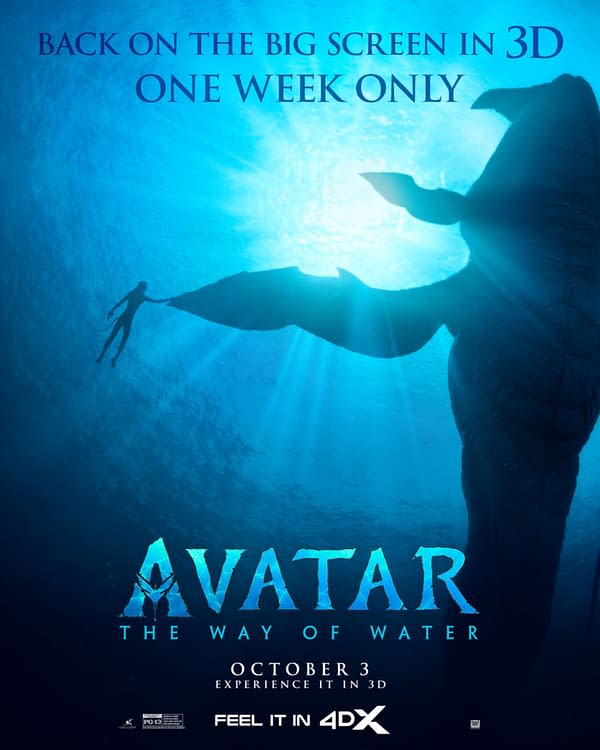 Promotional poster for 'Avatar: The Way of Water' featuring a silhouette of a diver alongside a large aquatic creature in a vibrant underwater scene. Text announces a limited return to theaters with a 3D experience starting October 3.