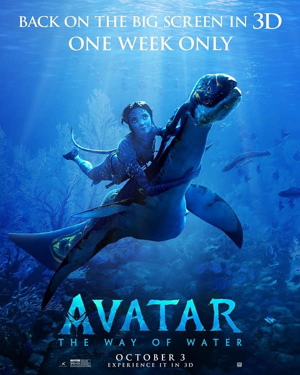 Promotional poster for "Avatar: The Way of Water," featuring a blue-skinned character swimming alongside a large aquatic creature in a vibrant underwater scene. The text announces a limited-time 3D screening, emphasizing the release date as October 3.