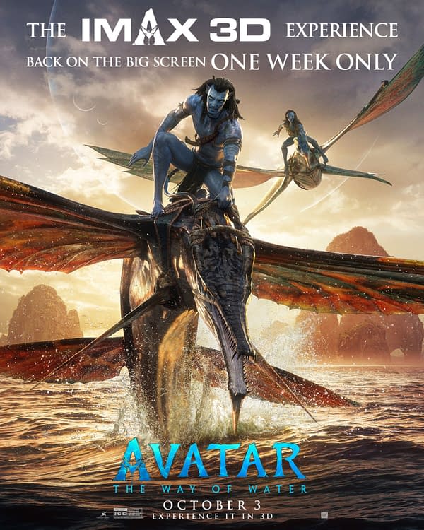 A colorful promotional illustration for the IMAX 3D re-release of 'Avatar: The Way of Water,' featuring a blue humanoid character riding a large creature above water, with mountains in the background. The poster includes the text announcing the limited one-week screening starting October 3.