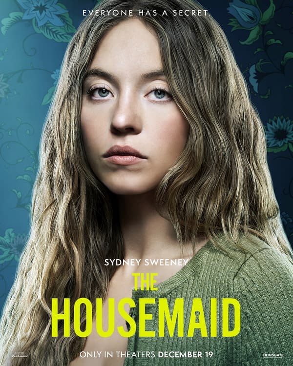 A character poster for 'The Housemaid' featuring a young woman with long, wavy hair and an intense expression. The background has a floral pattern, and the text at the bottom highlights the film's title and release date.