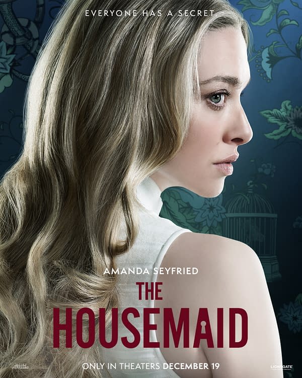A character poster for 'The Housemaid' featuring a side profile of a woman with long, wavy hair. The background displays a floral pattern, and the text includes the title 'THE HOUSEMAID' and details about its theatrical release.