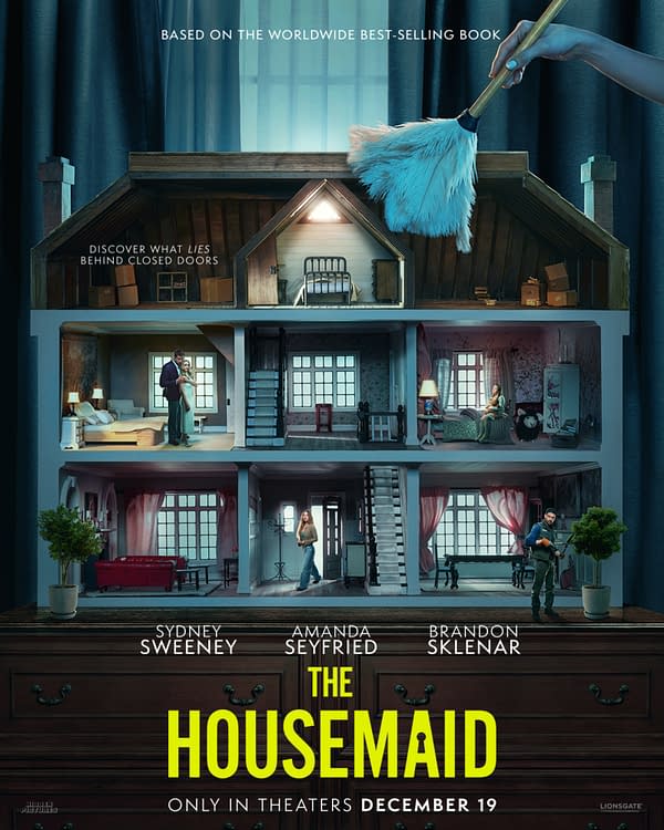 A poster for 'The Housemaid' featuring a detailed dollhouse that symbolizes hidden secrets, with characters cleaning and exploring its rooms. The title is prominently displayed at the bottom, highlighting its theatrical release date.