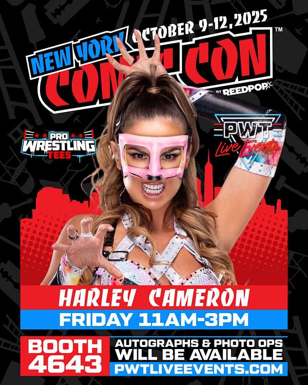 A colorful promotional graphic for Harley Cameron's appearance at New York Comic Con 2025, featuring her in a vibrant costume, showing excitement with her hands up and a playful expression. The background includes event details and logos for Pro Wrestling Tees and PWT Live Events.