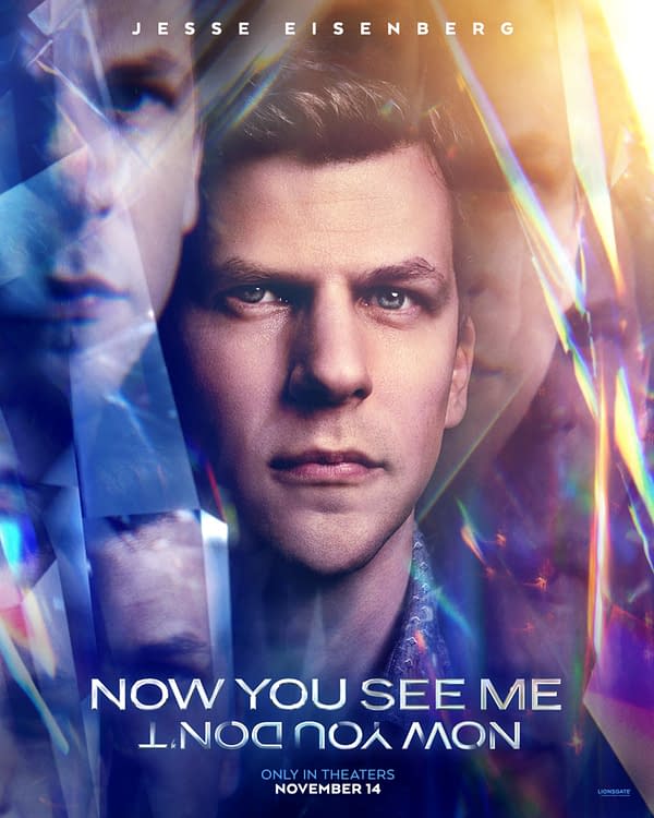 Promotional poster for 'Now You See Me: Now You Don't' featuring a close-up of Jesse Eisenberg's face, set against a backdrop of colorful, abstract shapes. The title 'NOW YOU SEE ME: NOW YOU DON'T' is prominently displayed at the bottom.