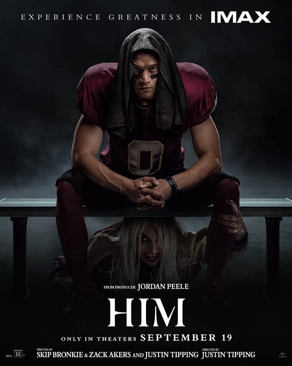 A dramatic movie poster for 'HIM,' featuring a football player in a maroon uniform sitting with a tense expression, while a ghostly figure with long hair lurks beneath him. The poster promotes the film's release in IMAX on September 19.