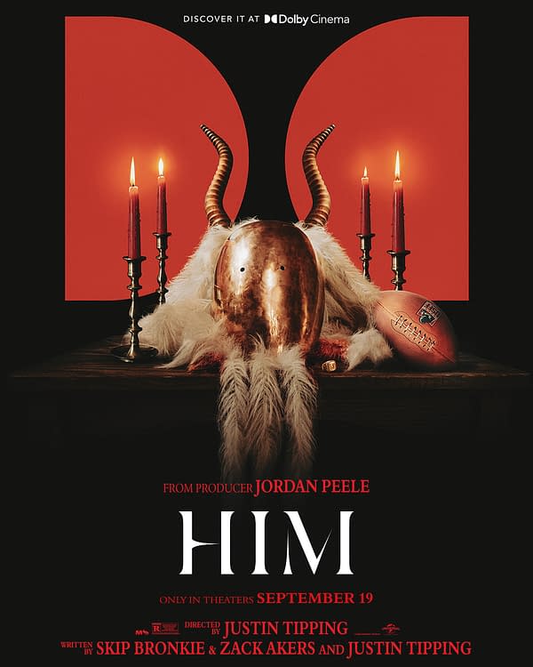 A promotional poster for the film 'HIM,' featuring a copper helmet with horns, lit candles, and a football, all set against a dramatic red background. The text includes details about the producers and release date, emphasizing its theatrical premiere.