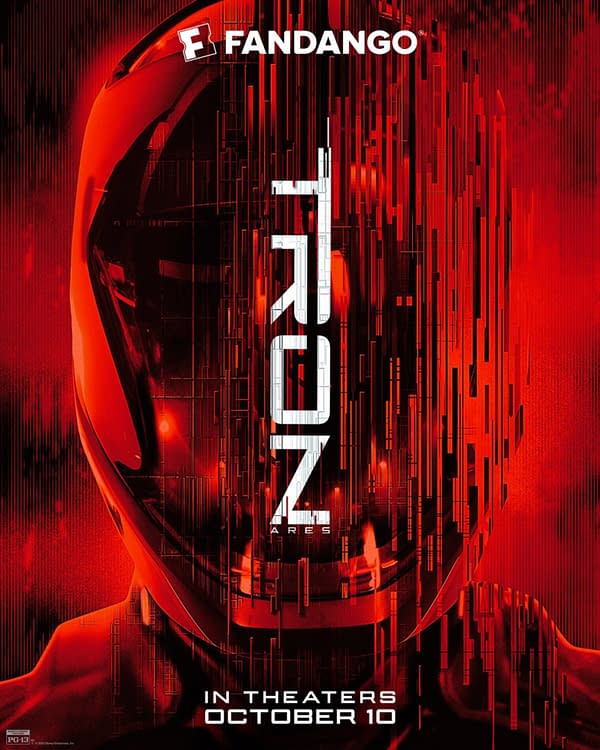 A promotional poster for 'TRON: Ares' featuring a futuristic figure in a glossy red helmet, with a digital backdrop of vertical lines in varying shades of red. The title 'TRON ARES' is prominently displayed in white, along with the release date, 'IN THEATERS OCTOBER 10,' and the Fandango logo.