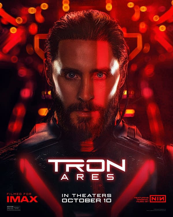 A promotional illustration for the movie 'Tron Ares,' featuring a male character with a beard and intense gaze, set against a futuristic, glowing red and orange background. The text highlights its release in theaters on October 10 and mentions it was filmed for IMAX.